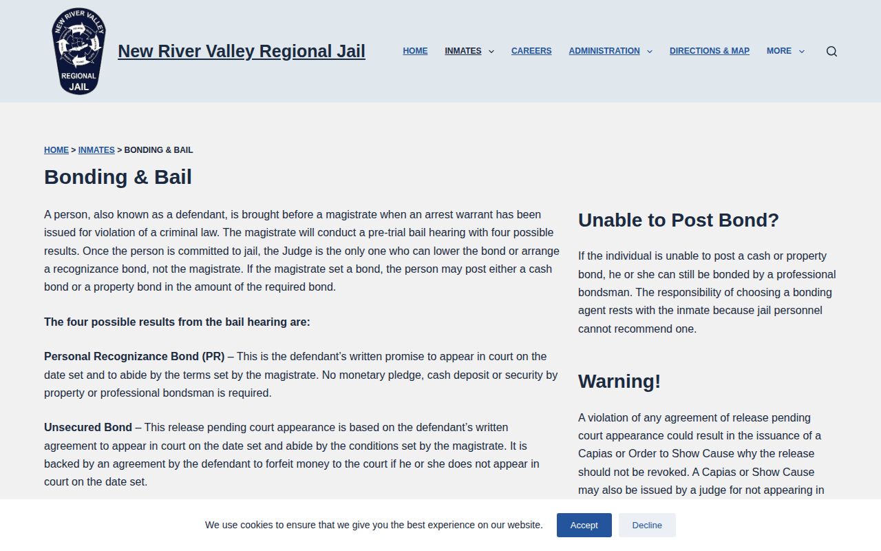 New River Valley Regional Jail bond release categories for Wythe County inmates