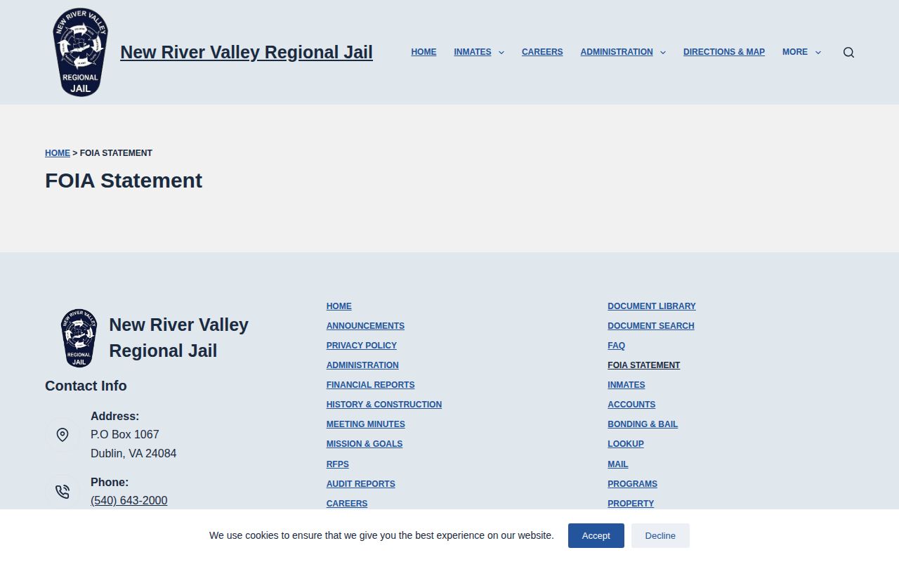 New River Valley Regional Jail release records FOIA instructions for Wythe County